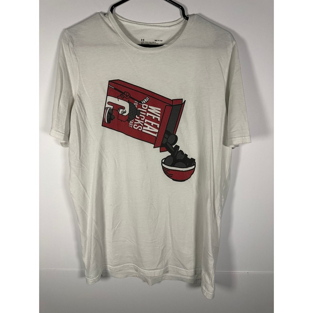 Under ArmourShirt Mens S HeatGear Hockey Pucks Graphic White Short Sleeve